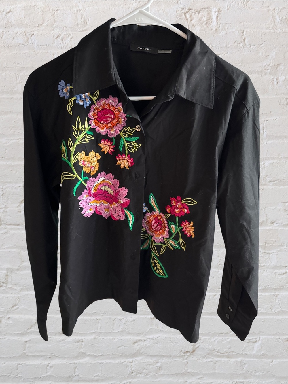 Natori Black Shirt with Pink & Green Floral Embroidery